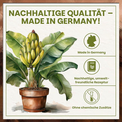 Infografik zur Green Home Bananenerde mit Bananenpflanze im Topf und Hinweisen auf nachhaltige Rezeptur, Herstellung in Deutschland und Verzicht auf chemische Zusätze.