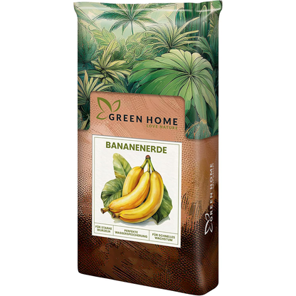 Green Home Bananenerde Sack mit Illustration von Bananen auf der Vorderseite vor tropischem Blätterdesign.