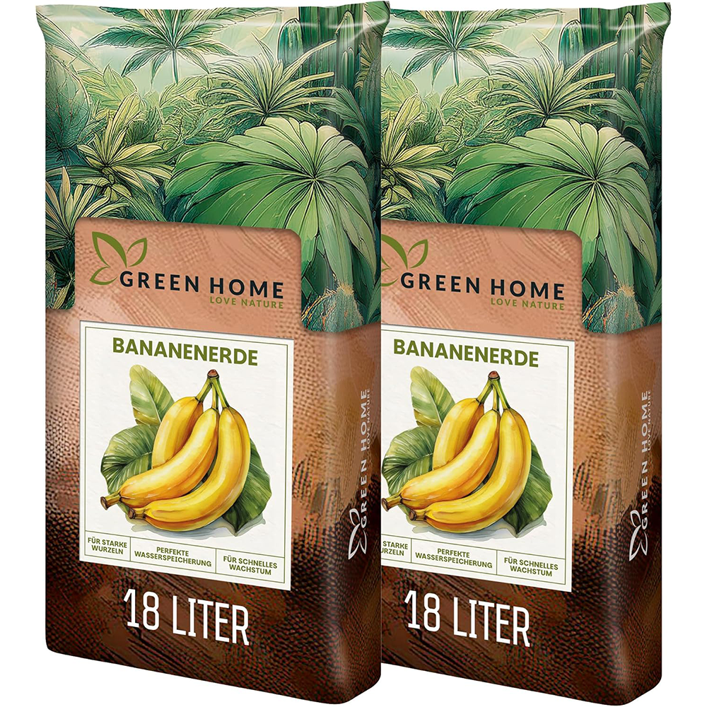 Zwei Säcke Green Home Bananenerde à 18 Liter nebeneinander mit Bananenmotiv und 18-Liter-Angabe auf beiden Verpackungen.