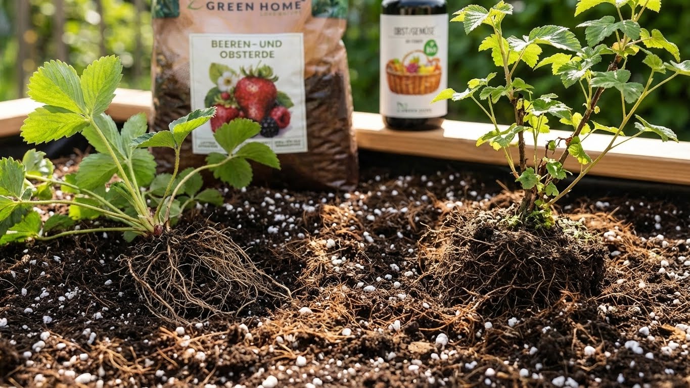 Freigelegte Wurzeln von Erdbeer- und Beerenpflanzen in lockerer Beeren- und Obsterde mit Perlite für gesunde Wurzelbildung.