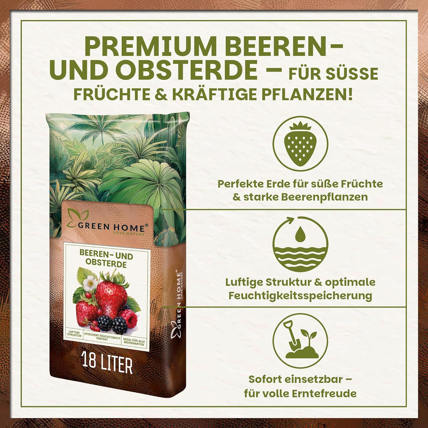 Premium Beeren- und Obsterde von Green Home – lockere Struktur, optimale Feuchtigkeit und sofort einsetzbar