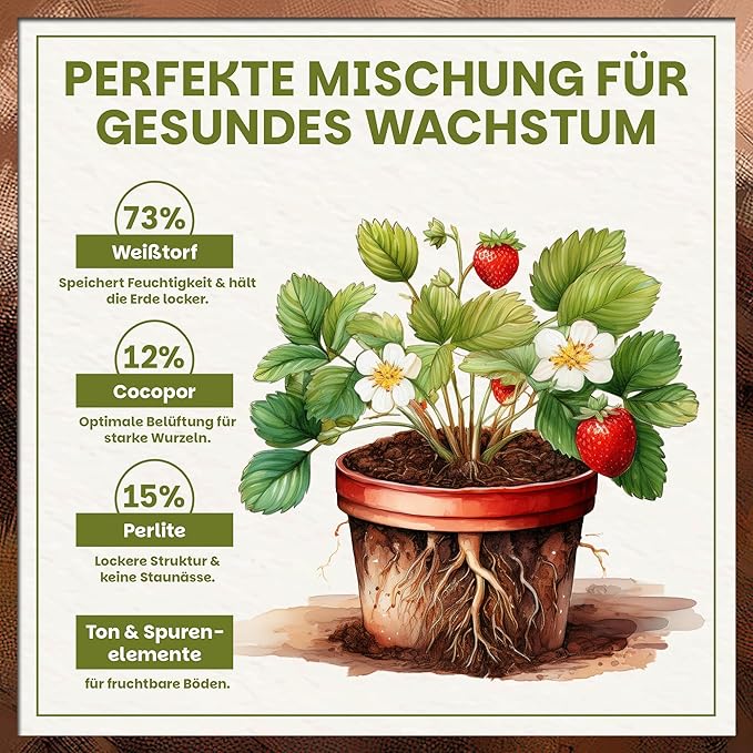 Zusammensetzung der Green Home Beerenobst Erde mit Weißtorf, Cocopor, Perlit und Spurenelementen