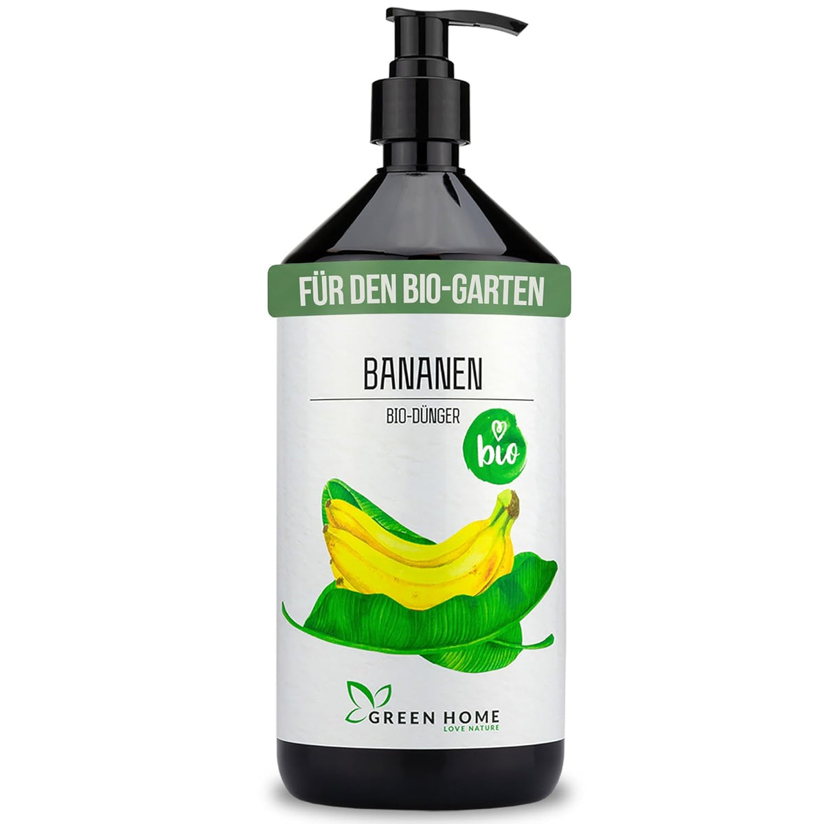 Die Green Home Bio Bananendünger Flasche mit Dosierpumpe vor weißem Hintergrund