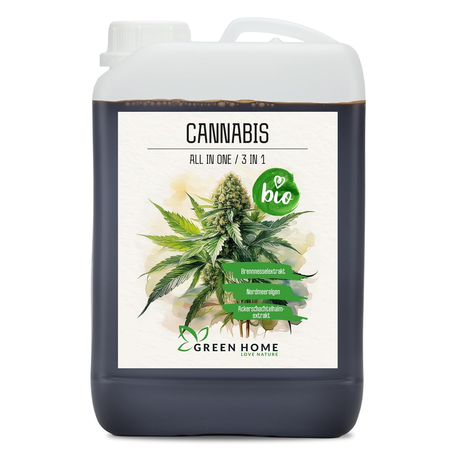Großgebinde Green Home BIO Cannabis Dünger 3 in 1 im 3-Liter-Kanister für ergiebige und nachhaltige Pflanzenpflege.