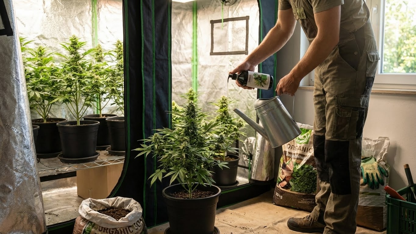 Anwendung des Green Home BIO Düngers beim Gießen von Cannabispflanzen im Indoor-Bereich.