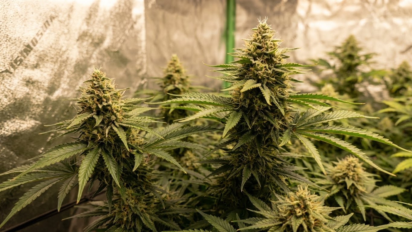 Kräftige Cannabispflanzen in der Blütephase im Indoor-Growzelt für maximale Erträge.