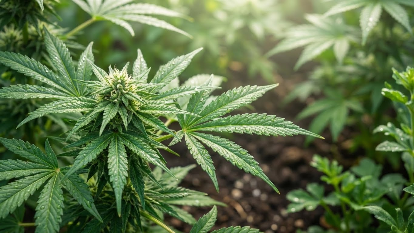 Gesunde Cannabispflanze mit kräftigen, sattgrünen Blättern als Ergebnis natürlicher Nährstoffversorgung.