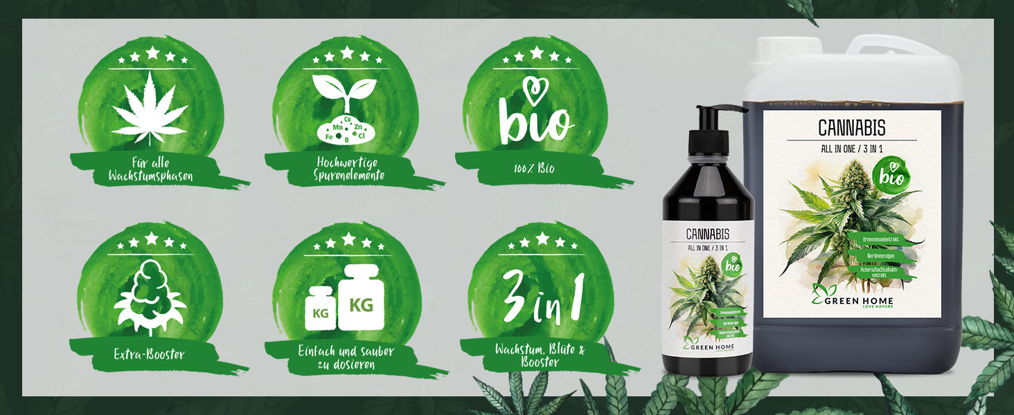 Green Home BIO Cannabis Dünger All in One mit Übersicht der Vorteile wie 100 % Bio, hochwertige Spurenelemente, 3 in 1 Formel und einfache Dosierung.