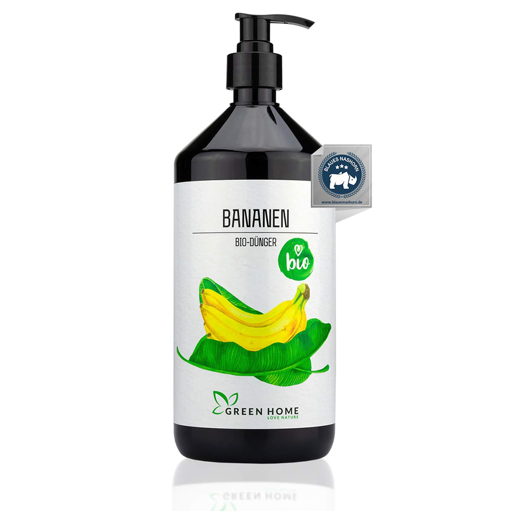 Green Home Bio Dünger Bananen 1 Liter mit Bananenstaude auf dem Etikett.