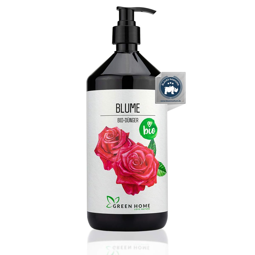 Green Home Bio Dünger Blume 1 Liter mit roten Rosen auf dem Etikett.
