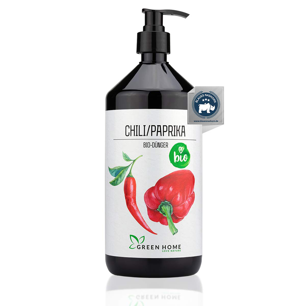 Green Home Bio Dünger Chili Paprika 1 Liter mit roter Chili und Paprika auf dem Etikett.