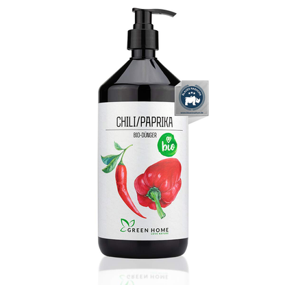 Green Home Bio Dünger Chili Paprika 1 Liter mit roter Chili und Paprika auf dem Etikett.