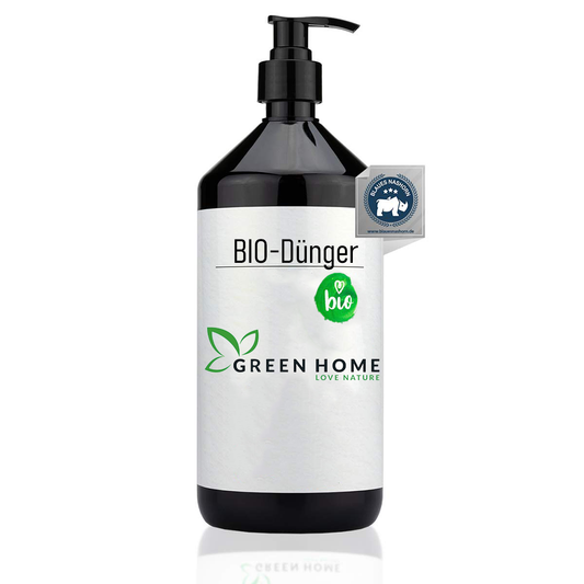 Green Home Bio Dünger 1 Liter Flasche mit Pumpspender und Bio-Kennzeichnung auf weißem Hintergrund.