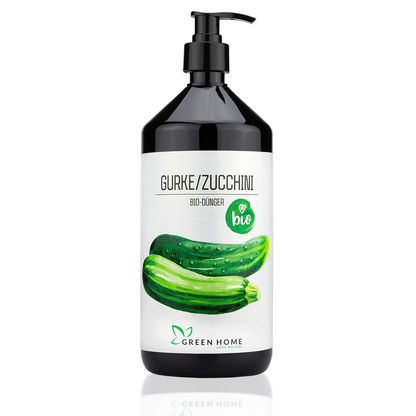 Green Home Bio Dünger Gurke Zucchini 1 Liter mit Gurke und Zucchini auf dem Etikett.