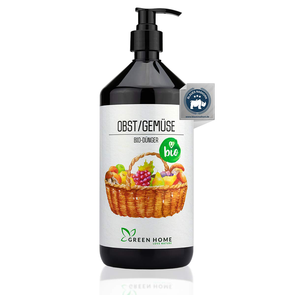 Green Home Bio Dünger Obst Gemüse 1 Liter mit gefülltem Obstkorb auf dem Etikett.