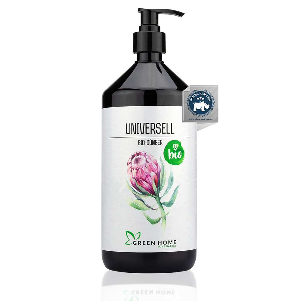 Green Home Bio Dünger Universell 1 Liter mit Blütenmotiv auf dem Etikett.