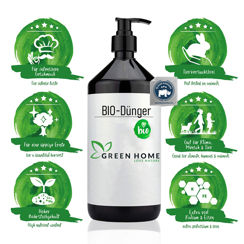Green Home Bio Dünger 1 Liter Flasche mit grafischer Übersicht der Vorteile wie hoher Nährstoffgehalt, tierfrei, klimafreundlich und extra Kalium sowie Eisen.