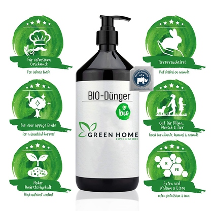 Green Home Bio Dünger 1 Liter Flasche mit grafischer Übersicht der Vorteile wie hoher Nährstoffgehalt, tierfrei, klimafreundlich und extra Kalium sowie Eisen.