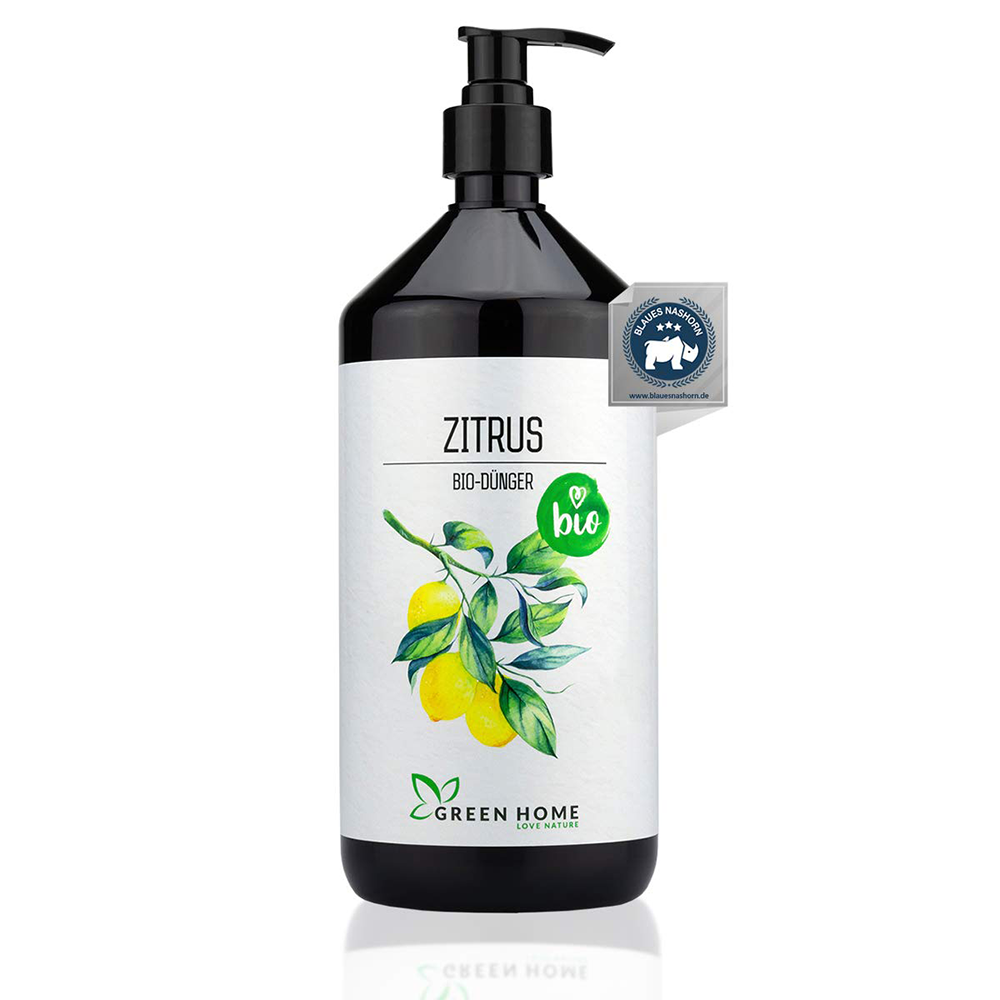 Green Home Bio Dünger Zitrus 1 Liter mit Abbildung von Zitronen auf dem Etikett.