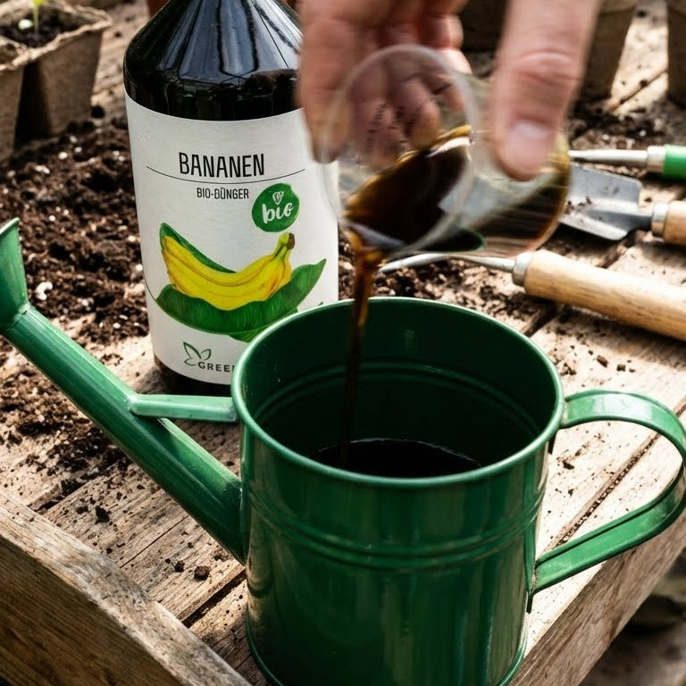 Green Home Bio Dünger Bananen wird in eine grüne Gießkanne dosiert, um Pflanzen mit Nährstoffen zu versorgen.