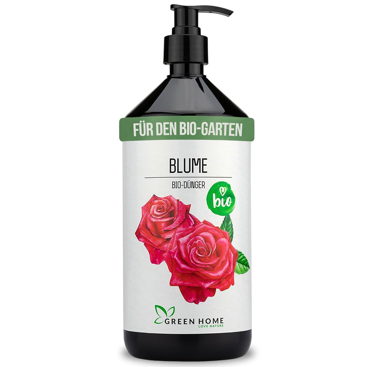 Green Home Bio Dünger Blumen 1 Liter Flasche mit Dosierpumpe vor weißem Hintergrund
