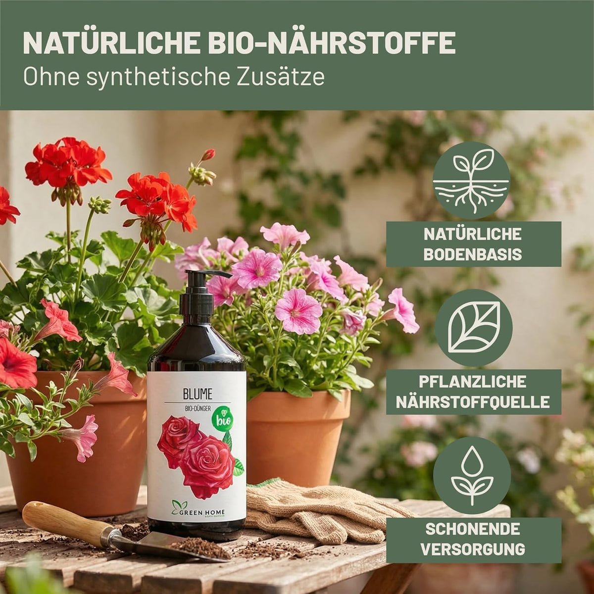 Green Home Bio Dünger Blumen 1 Liter auf Holztisch mit Blumentöpfen und grafischen Hinweisen zu Nährstoffen