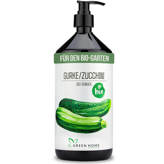 Green Home Bio Dünger für Gurken und Zucchini als Flasche mit Pumpdosierer auf weißem Hintergrund