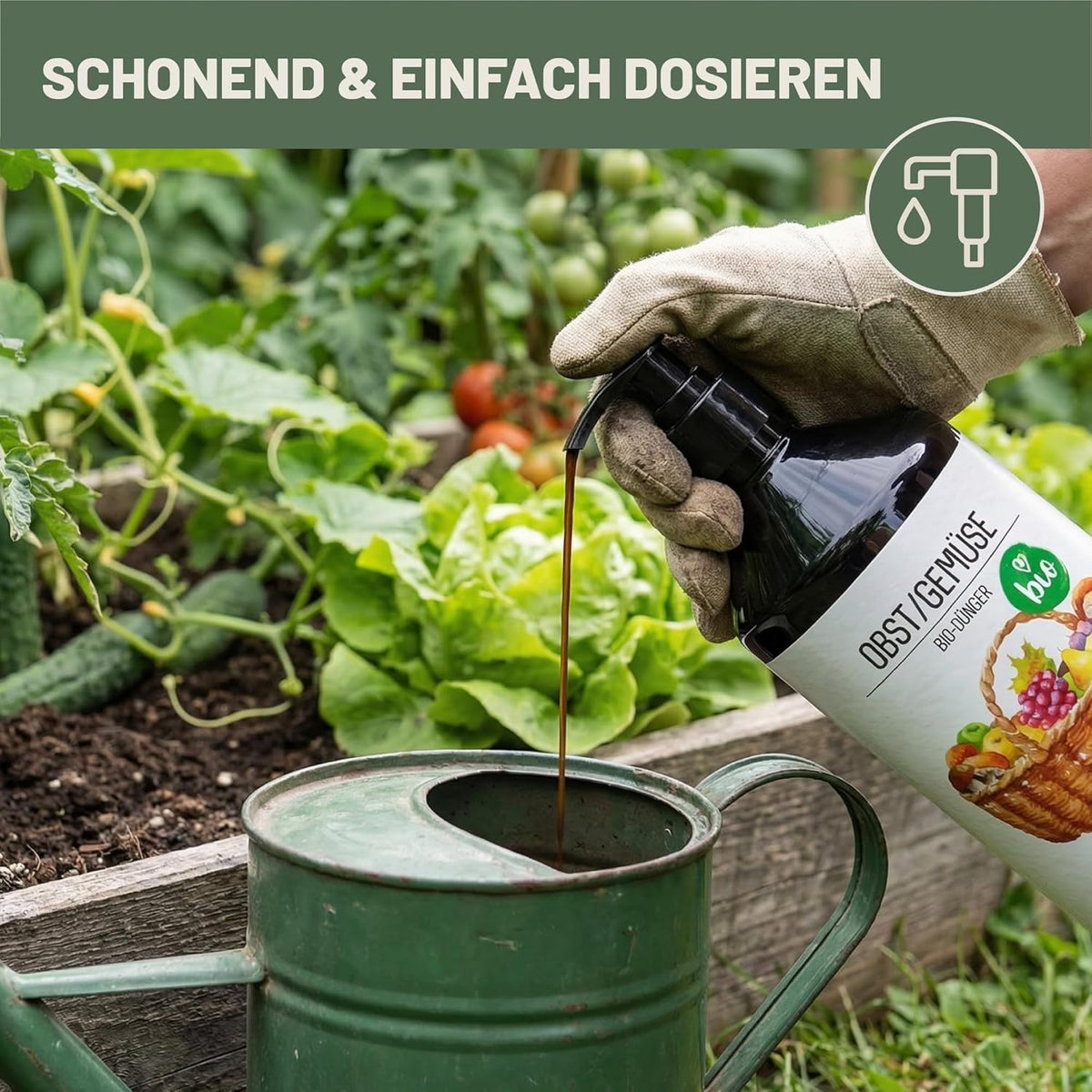 Hand dosiert Green Home Bio Dünger Obst & Gemüse in eine Gießkanne im Gemüsegarten