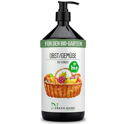 Green Home Bio Dünger Obst & Gemüse 1 Liter Flasche mit Dosierpumpe vor weißem Hintergrund