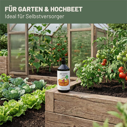 Green Home Bio Dünger Obst & Gemüse im Hochbeet vor einem Gewächshaus mit verschiedenen Gemüsepflanzen