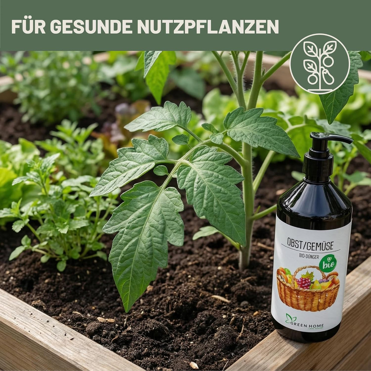 Green Home Bio Dünger Obst & Gemüse neben einer jungen Gemüsepflanze im Beet für gesunde Nutzpflanzen