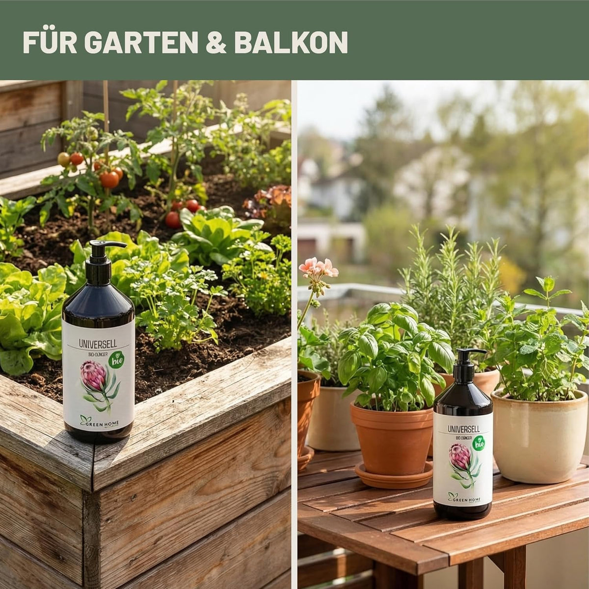 Green Home Bio Dünger Universell auf Hochbeet im Garten und auf einem Balkontisch zwischen verschiedenen Kräutern und Pflanzen