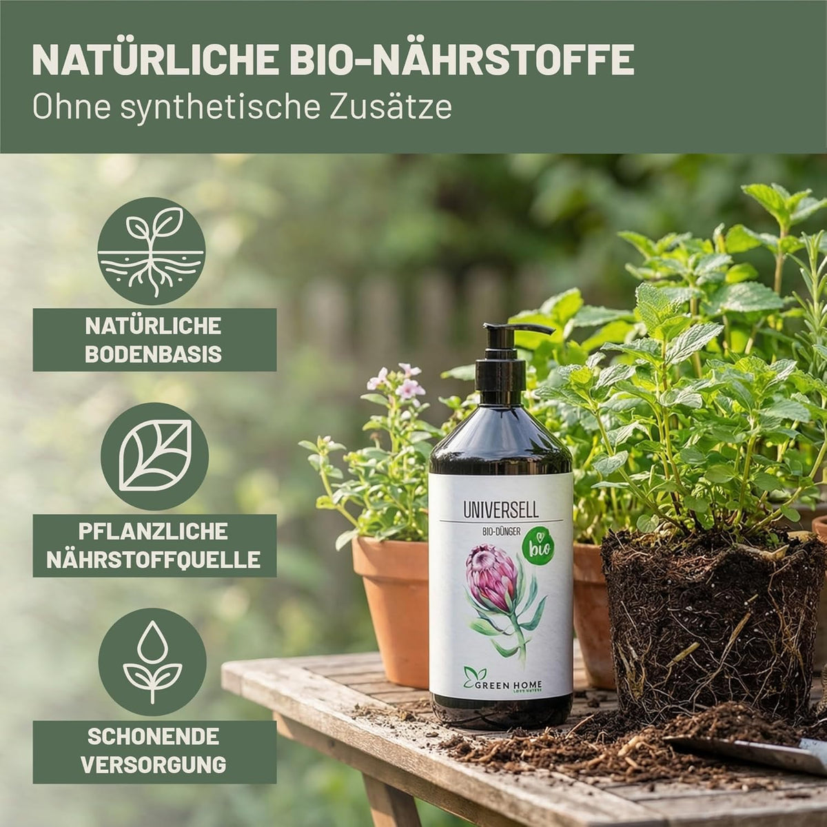 Green Home Bio Dünger Universell neben Kräutern und frischer Erde beim Umtopfen mit sichtbaren Wurzeln und Gartentisch