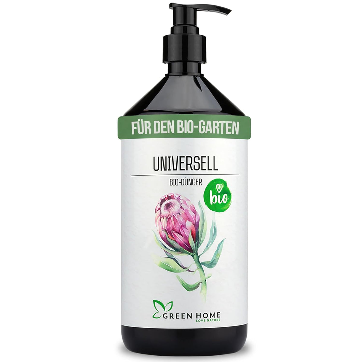 Freigestellte Flasche des Green Home Bio Dünger Universell mit Pumpspender und Pflanzenillustration auf dem Etikett