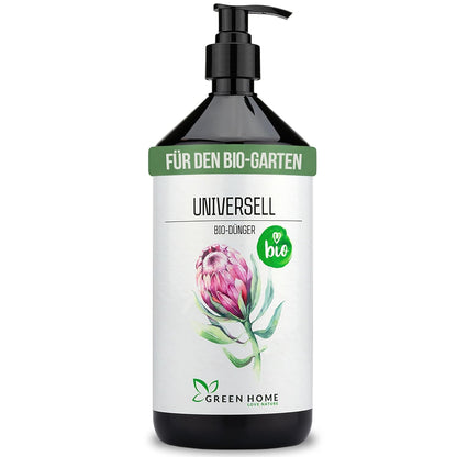 Freigestellte Flasche des Green Home Bio Dünger Universell mit Pumpspender und Pflanzenillustration auf dem Etikett