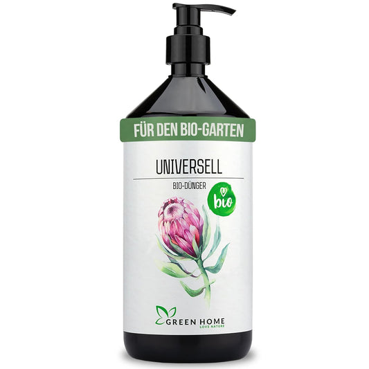 Freigestellte Flasche des Green Home Bio Dünger Universell mit Pumpspender und Pflanzenillustration auf dem Etikett