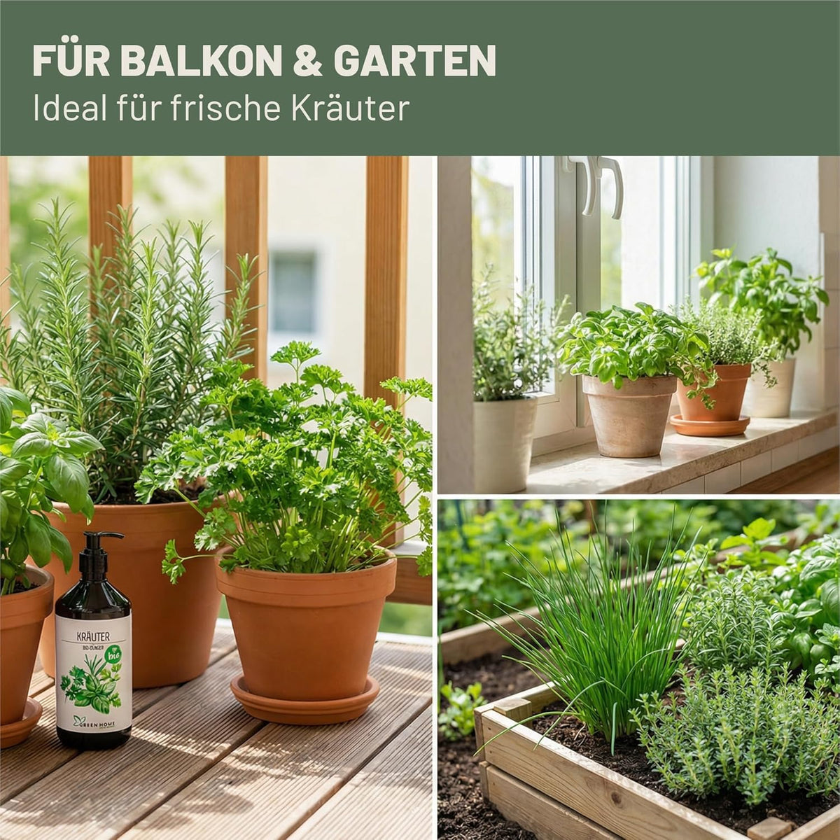 Der Green Home Bio Kräuterdünger im Einsatz bei Kräutern auf Balkon und im Garten in verschiedenen Töpfen