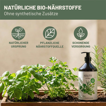 Der Green Home Bio Kräuterdünger neben frischen Kräutern im Beet mit Fokus auf natürliche Nährstoffe