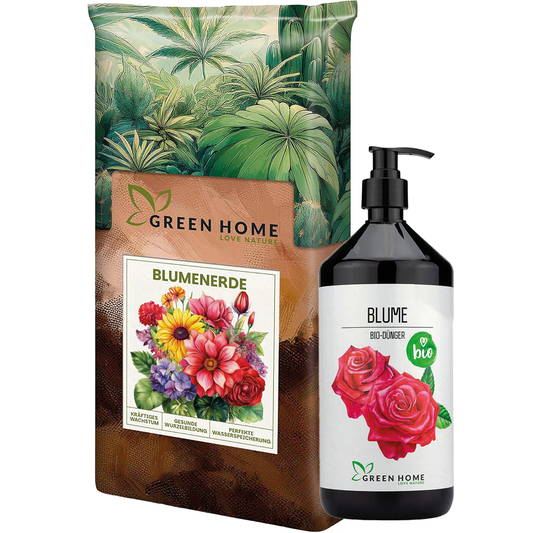 Green Home Blumen Bundle bestehend aus hochwertiger Blumenerde und Bio-Flüssigdünger für Blühpflanzen