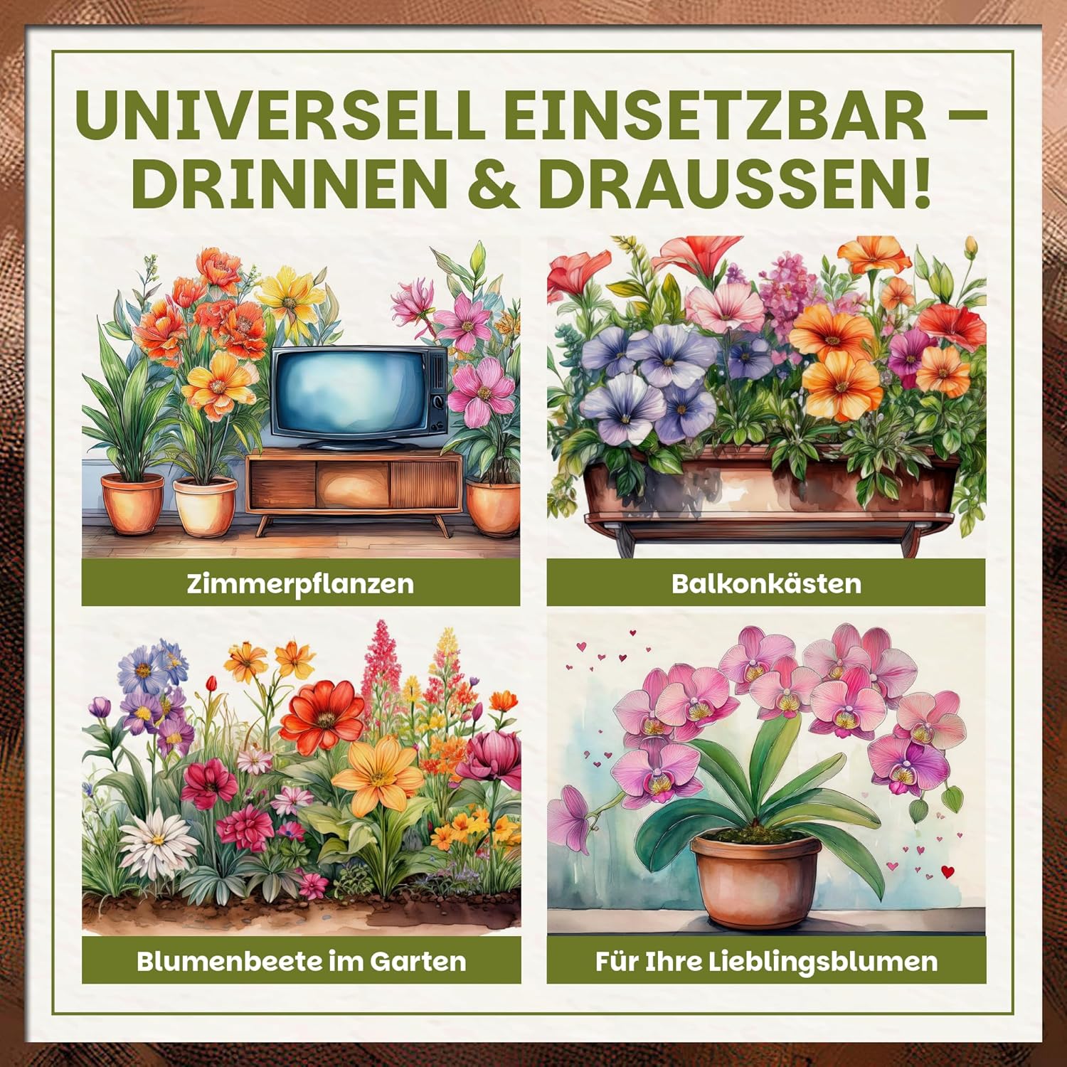Übersichtsgrafik zur Verwendung der Green Home Blumenerde für Zimmerpflanzen, Balkonkästen, Gartenbeete und Blumentöpfe
