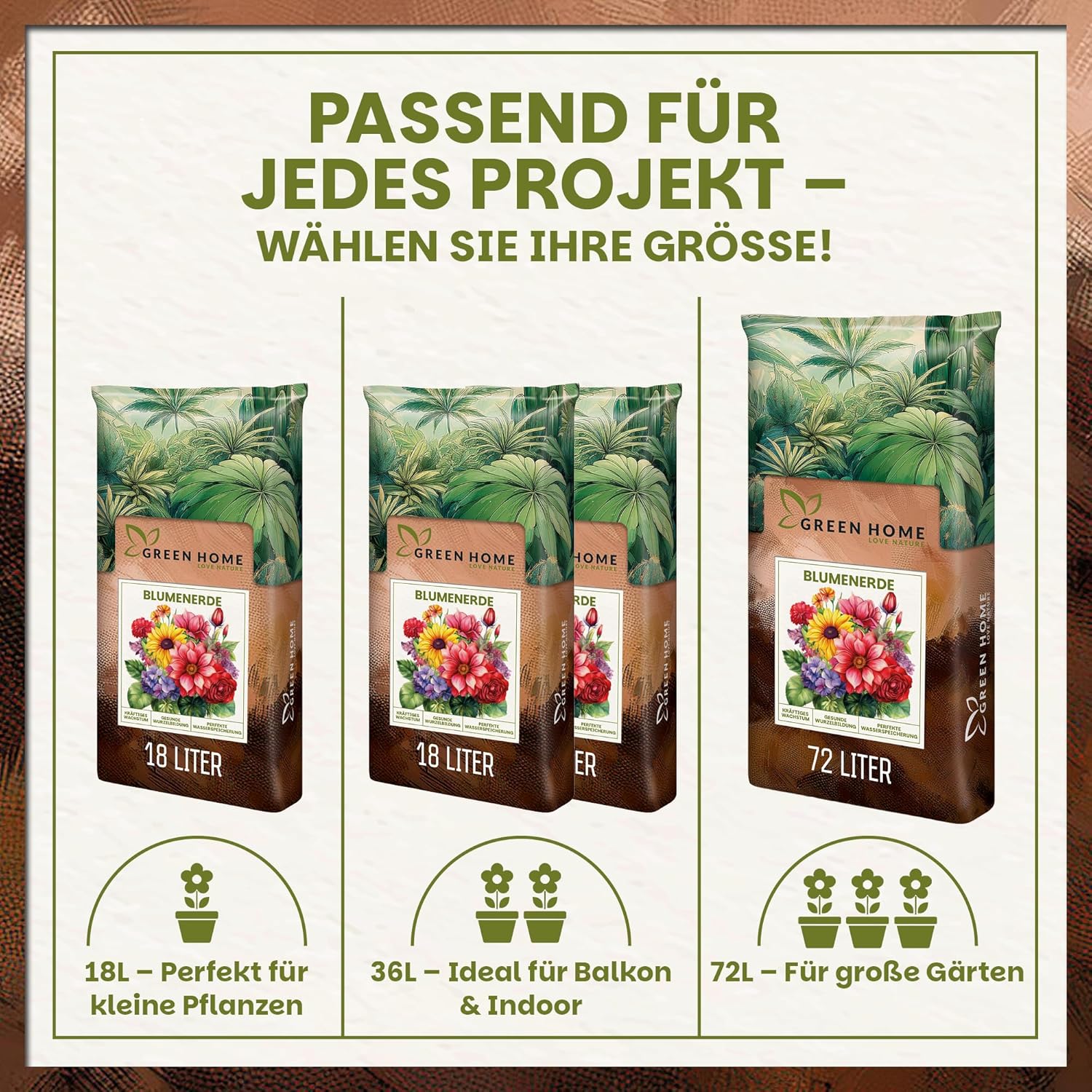 Produktübersicht der Green Home Blumenerde in 18 Liter, 36 Liter und 72 Liter Gebindegrößen