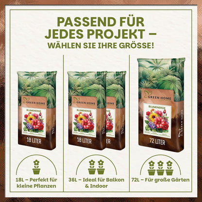 Produktübersicht der Green Home Blumenerde in 18 Liter, 36 Liter und 72 Liter Gebindegrößen