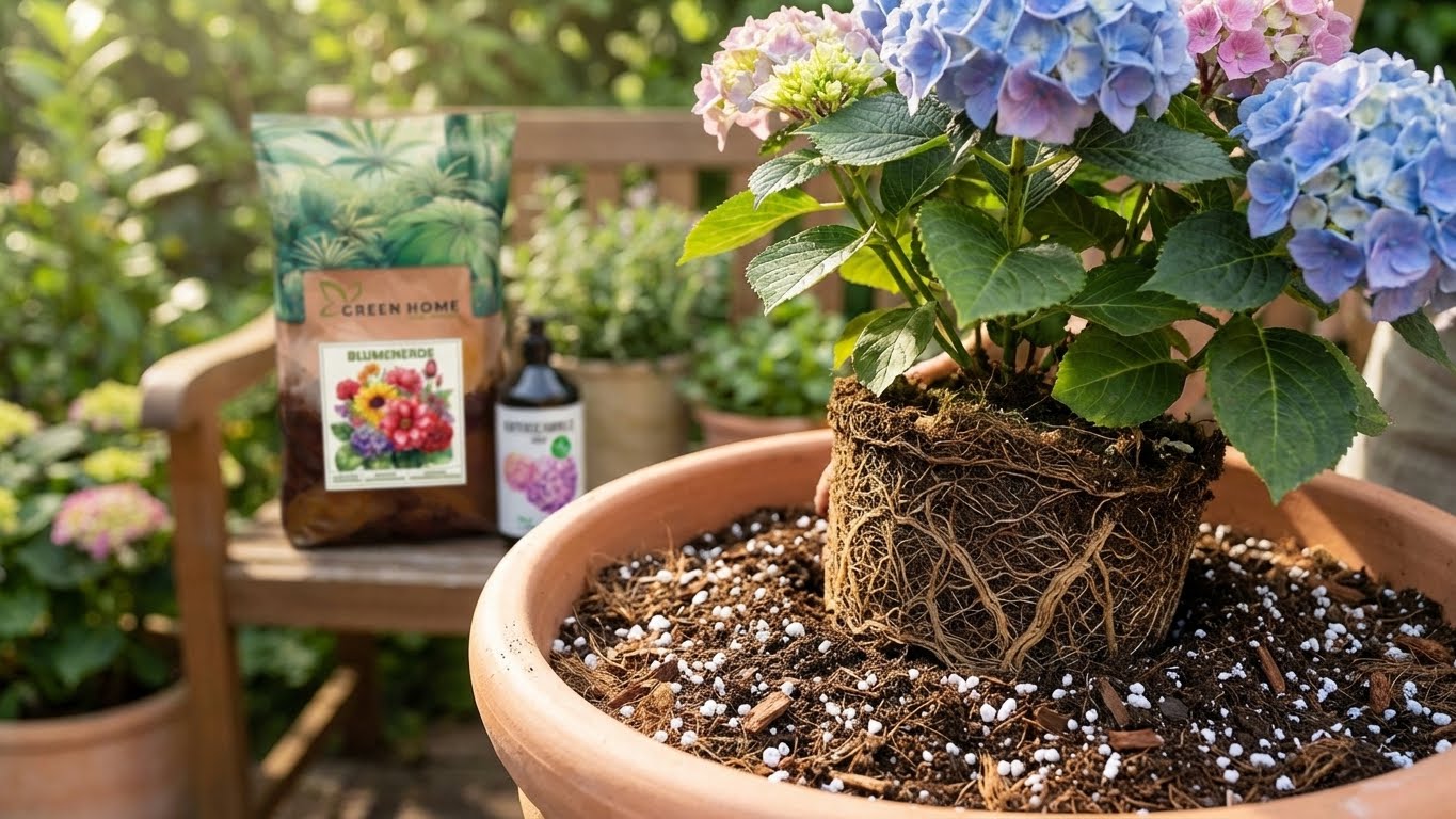 Hortensie beim Umtopfen in frische Blumenerde mit sichtbarem Wurzelballen im Topf