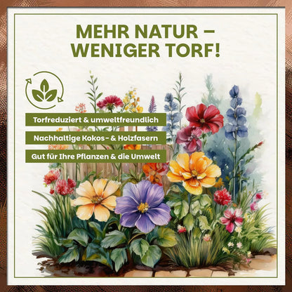 Torfreduzierte Blumenerde mit nachhaltigen Kokos- und Holzfasern für umweltfreundliches Gärtnern