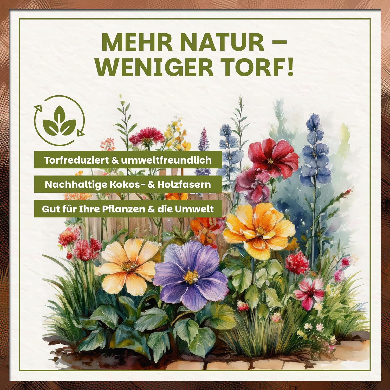 Infografik zur torfreduzierten und umweltfreundlichen Zusammensetzung der Green Home Blumenerde mit Blumenillustration