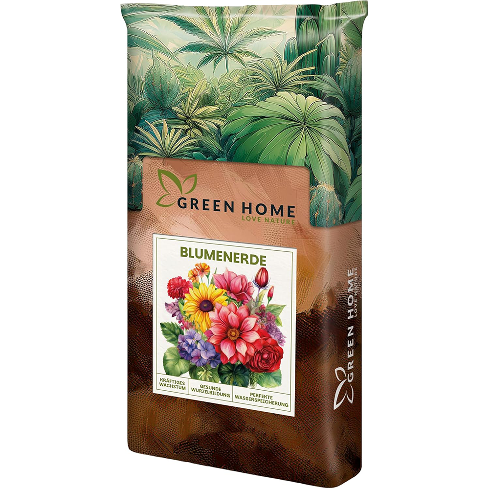 Green Home Blumenerde in aufrechtem Produktbeutel mit Blumenillustration auf der Vorderseite