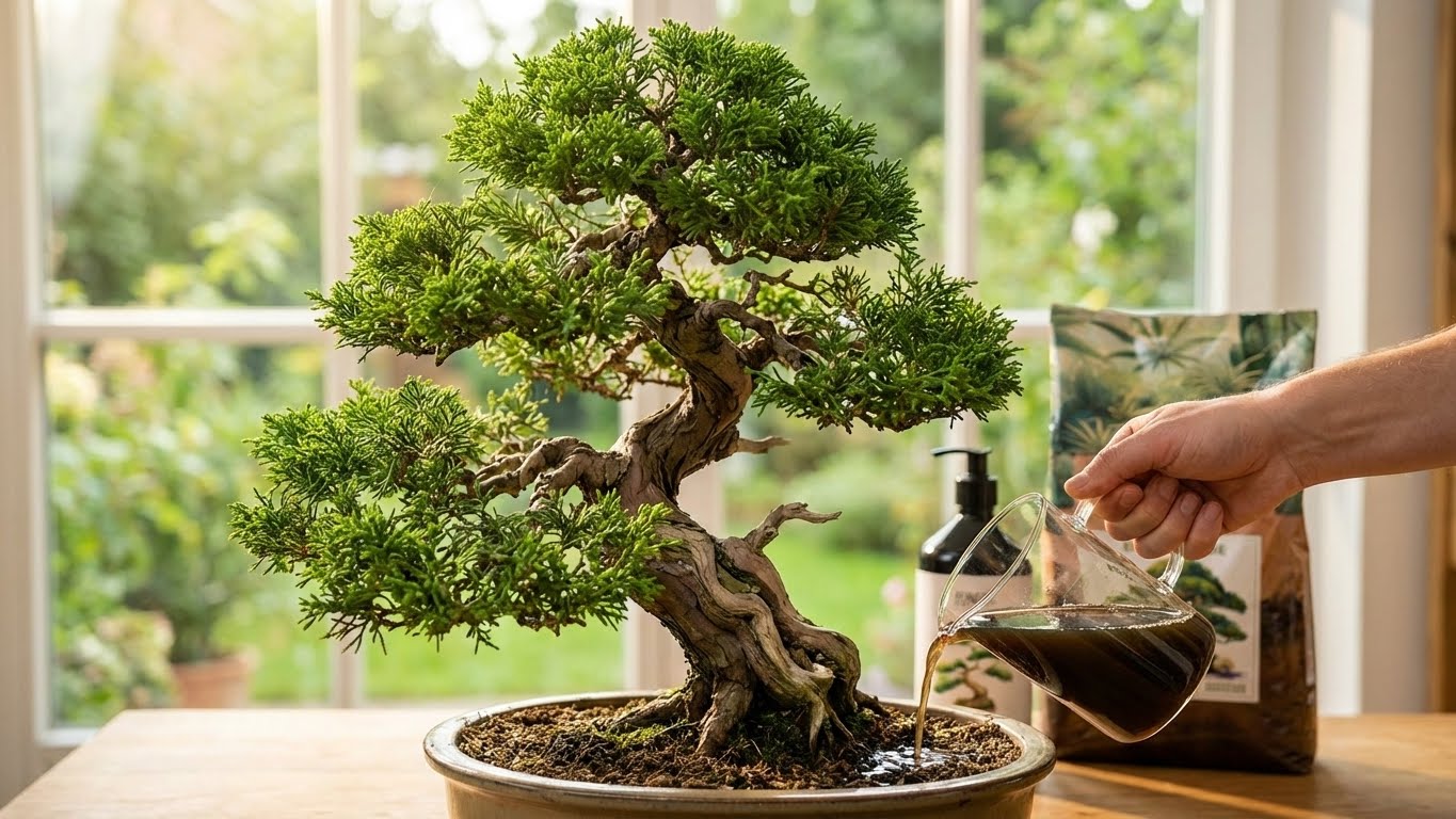 Bonsai wird mit Green Home Bio-Dünger gegossen – gezielte Nährstoffversorgung für kräftige Triebe und sattes Grün