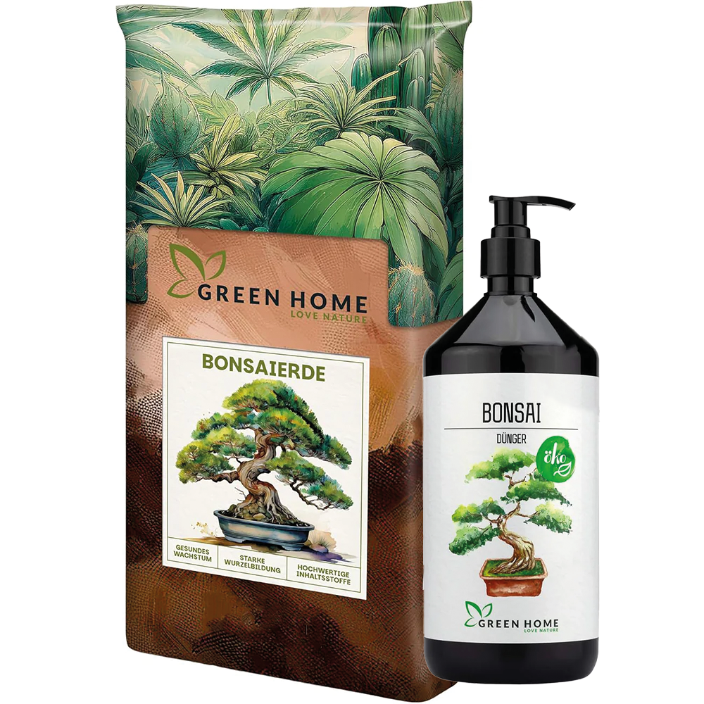 Green Home Bonsai Bundle bestehend aus Bonsai-Erde im Beutel und Bio-Bonsai-Dünger in Recyclingflasche