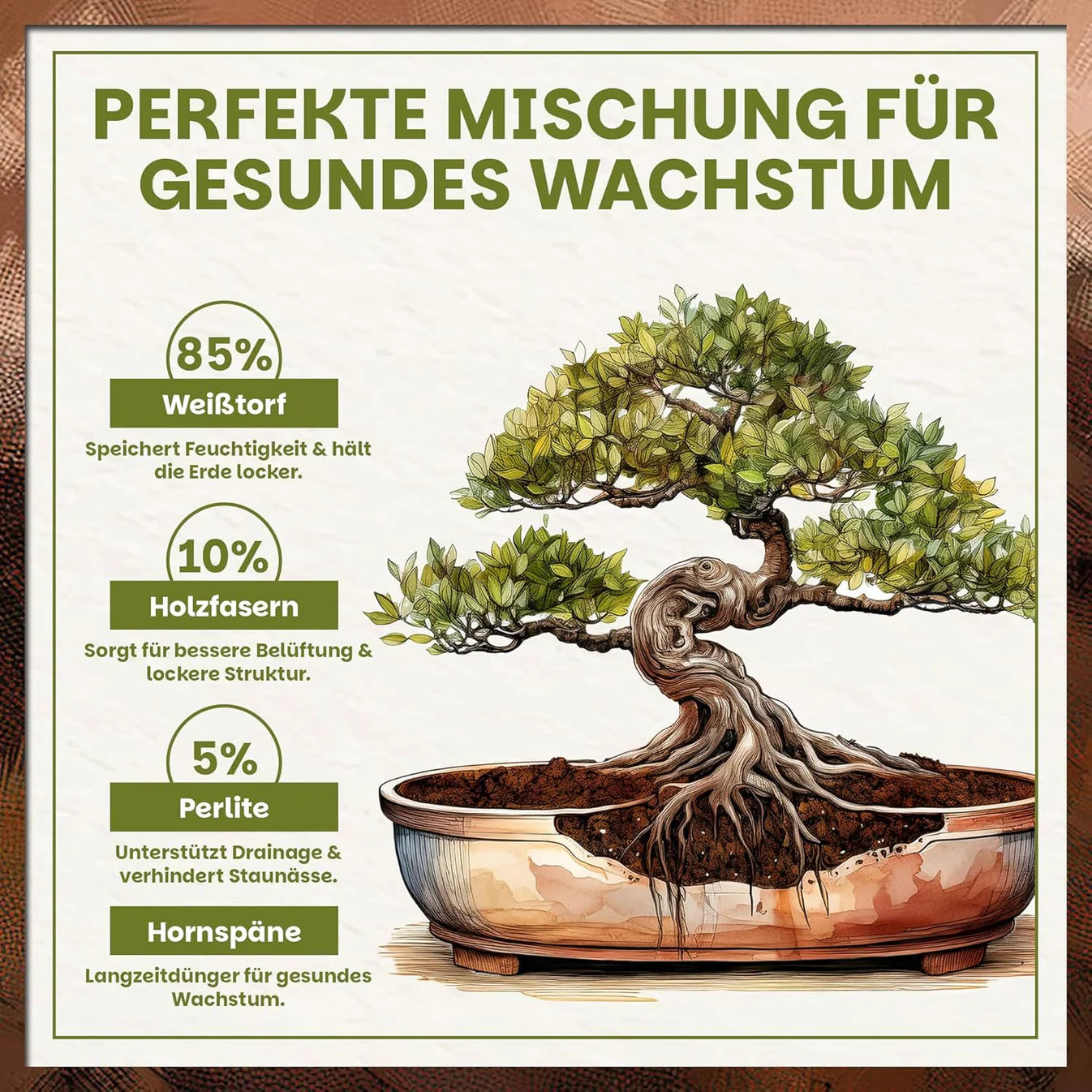 Zusammensetzung der Green Home Bonsai-Erde mit Weißtorf, Holzfasern, Perlite und Hornspänen für gesundes Wachstum