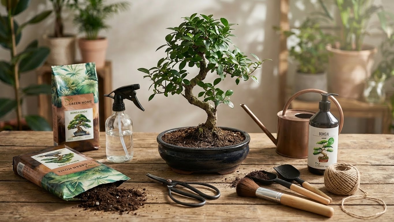 Pflege-Setup für Bonsai mit Green Home Bonsai Erde und Bio-Dünger – Werkzeuge, Erde und Miniaturbaum auf Holztisch